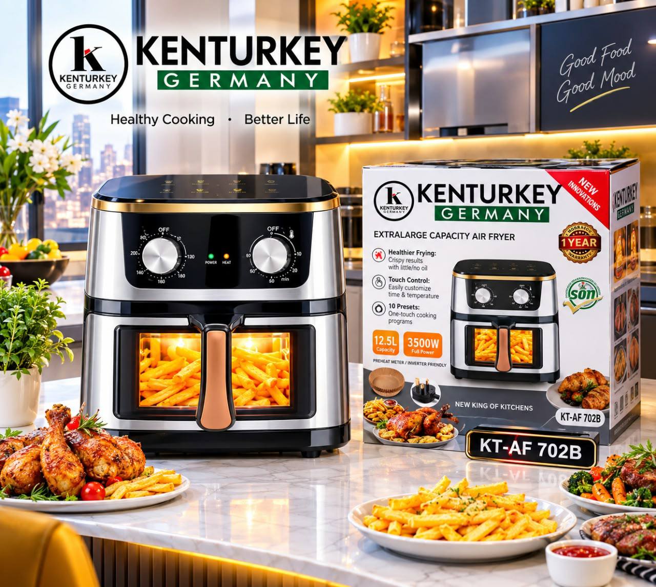 Kenturkey Germany KT-AF 702B manual extra-large air fryer with dual baskets